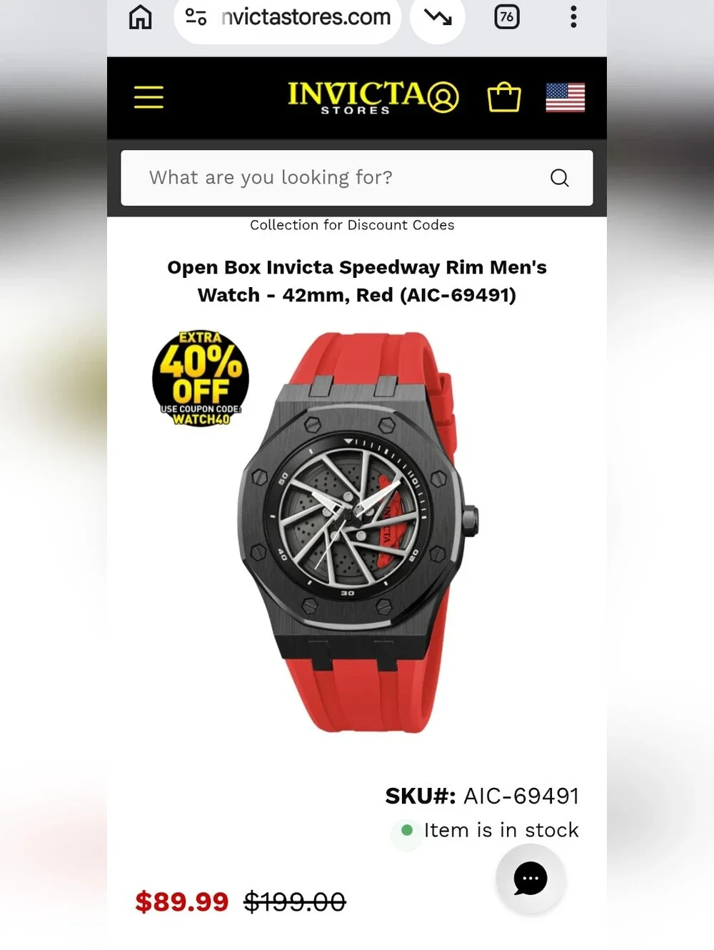 332.  Open Box Invicta Speedway Rim Men's Watch - 42mm, Red (AIC-69491)